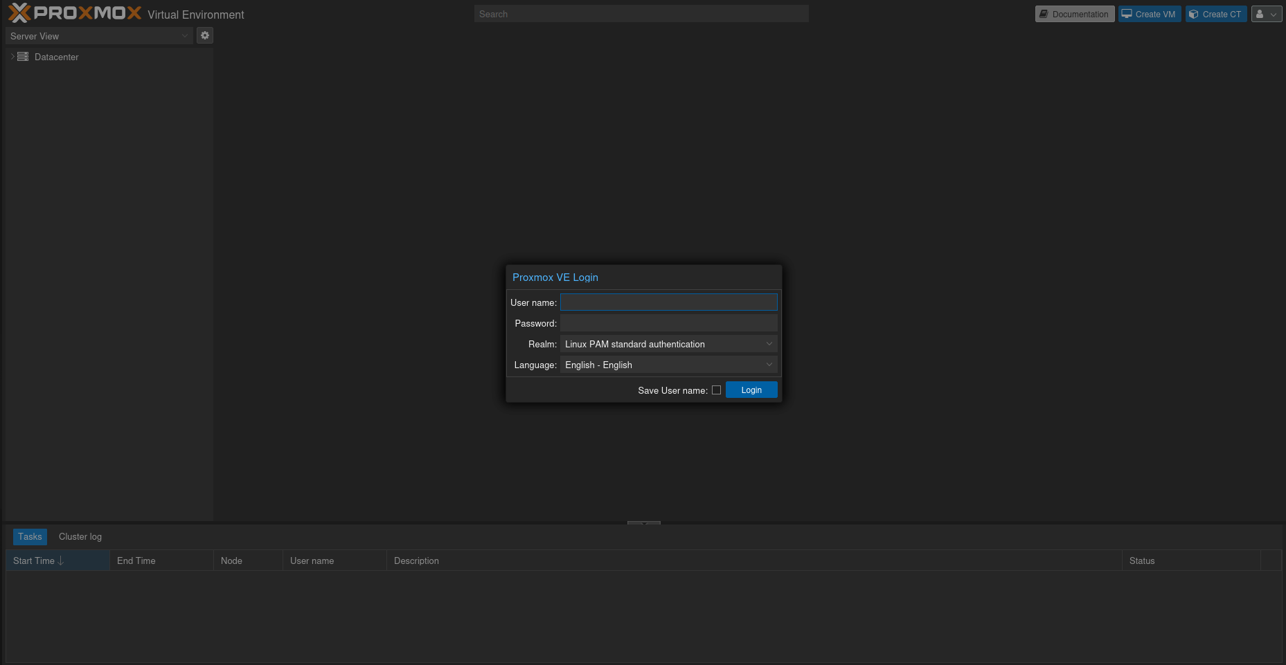 Inicio de sesión de Proxmox