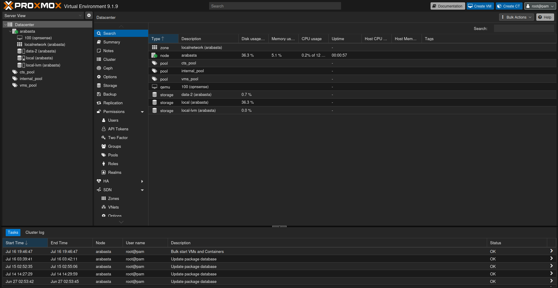 Panel de Proxmox del segundo nodo con sus maquinas virtuales