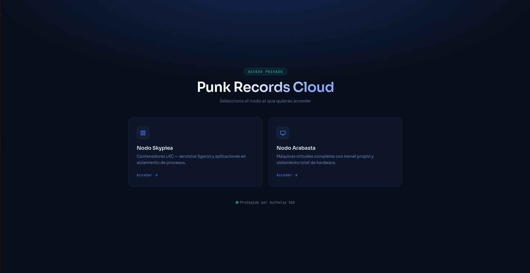Página de selección de nodos del homelab